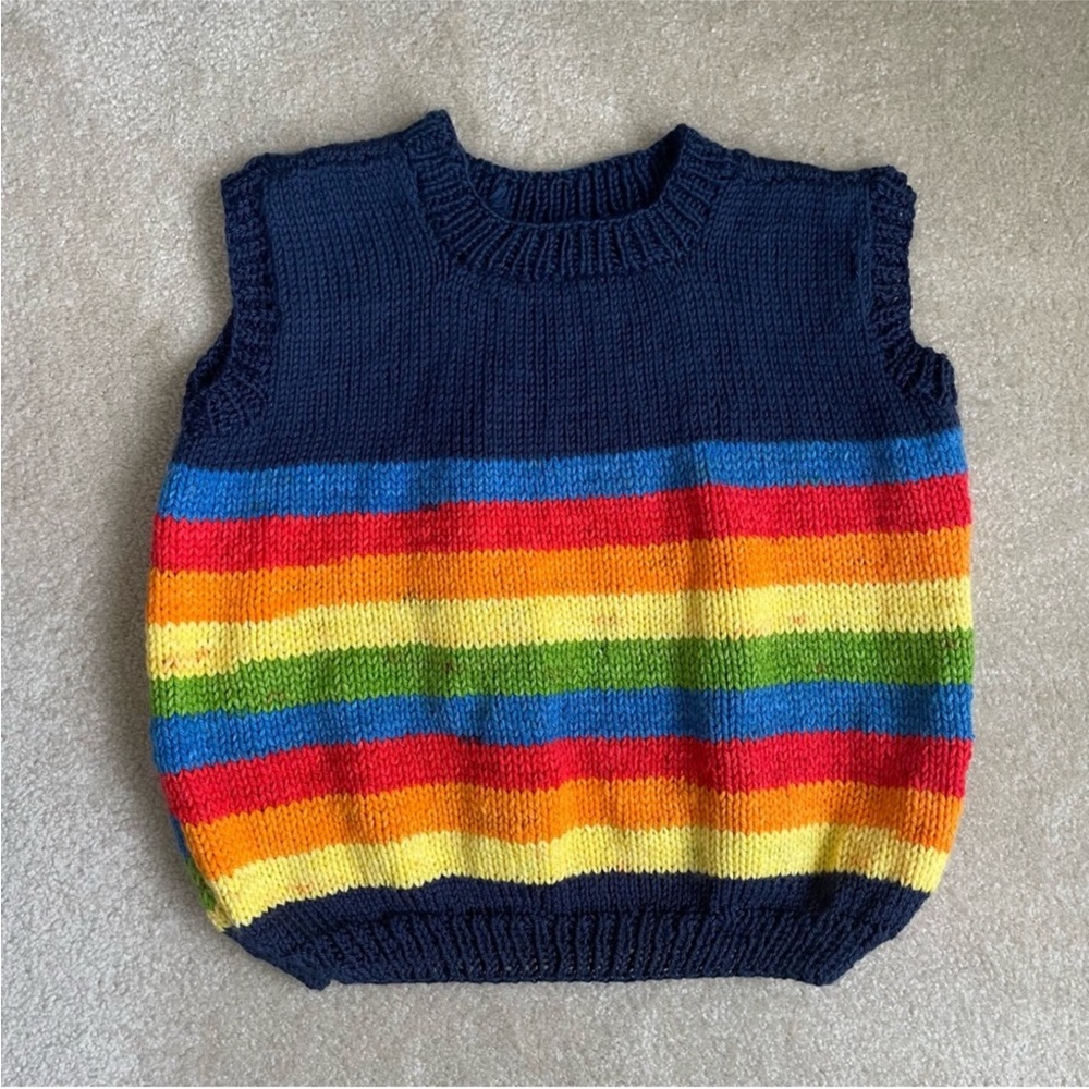 Hand Knit Sweater Vest Large Rainbow Sleeveless Colorful Boxy Teacher Boxy - Picture 2 of 10